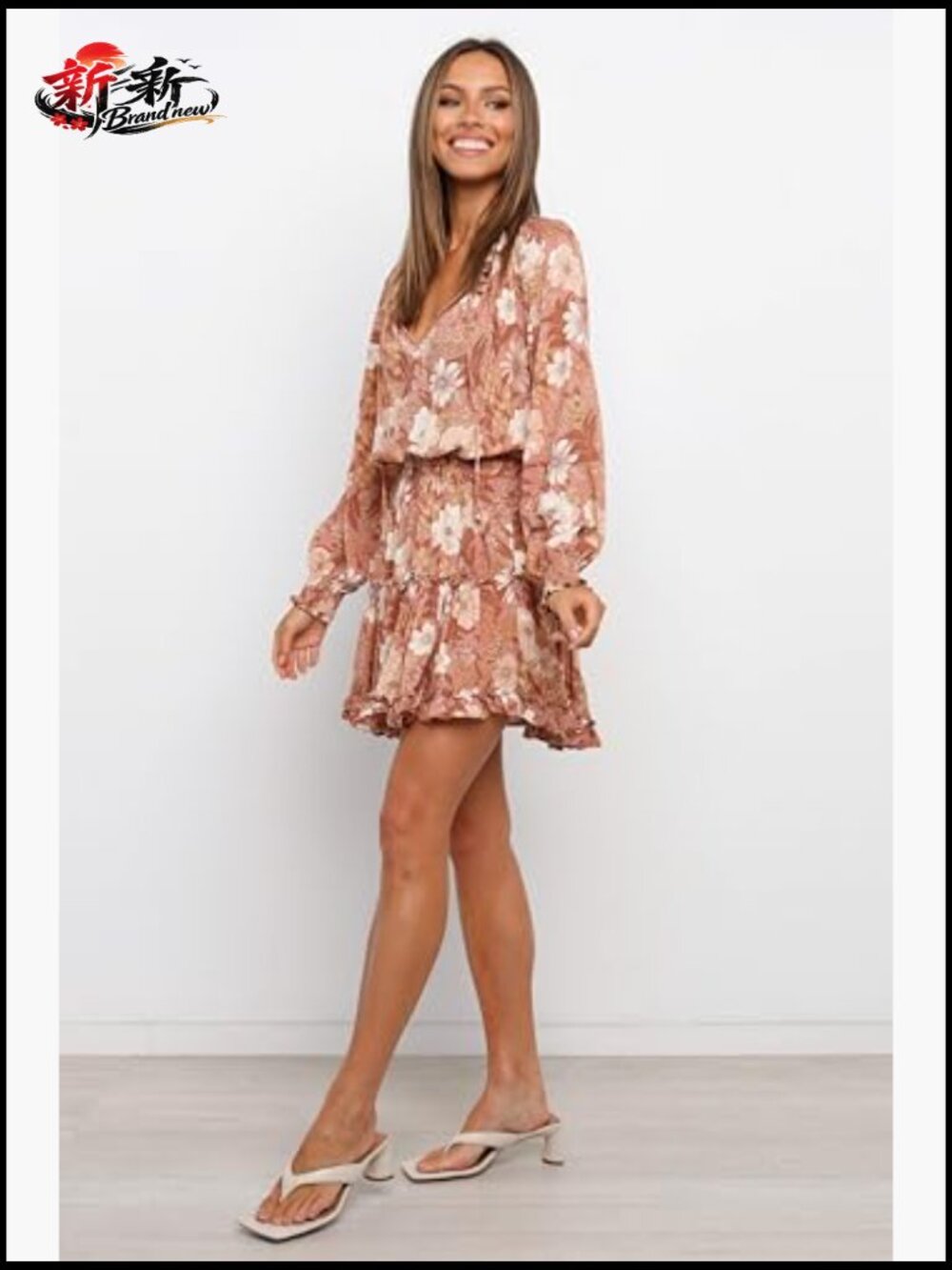 A-Line Mini Dress with Ruffle Neckline and Long Sleeves - Picture 2 of 6